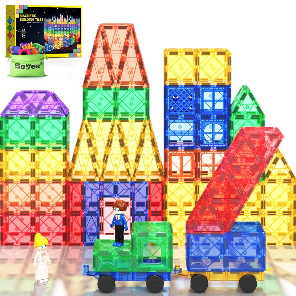Soyee Magnetic Tiles with 2 Cars Kids Gifts Boys Toys for 3 Year Old Boys Educational Toys for Toddlers Kids Age 3-5 4-8 Car Train Building Toys
