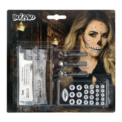Boland 45096 Make-Up Set Diamond Skull 3 Make-Up Pencils, 1 Cream Make-Up White, 1 Glitter Gel and 25 Gemstones, Make-Up Set, Make-Up, Skeleton, Skull, Halloween, Carnival, Theme Party