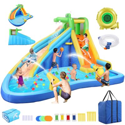 AKEYDIY Inflatable Water Slide & Crocodile Water Bounce House, Blow Up Water Slide Park w/Splash Pool,Climb Wall,Basket-Rim,Water Cannon,Shower Head, Water Inflatables for Kids Backyard 3-12