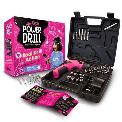 DIY jr. My First Power Drill - 60-Piece Working Tool Set for Girls - Rechargeable Cordless Pink Drill with LED Light - Learning, Building & Construction Kit for Kids - With Carrying Case, Charger
