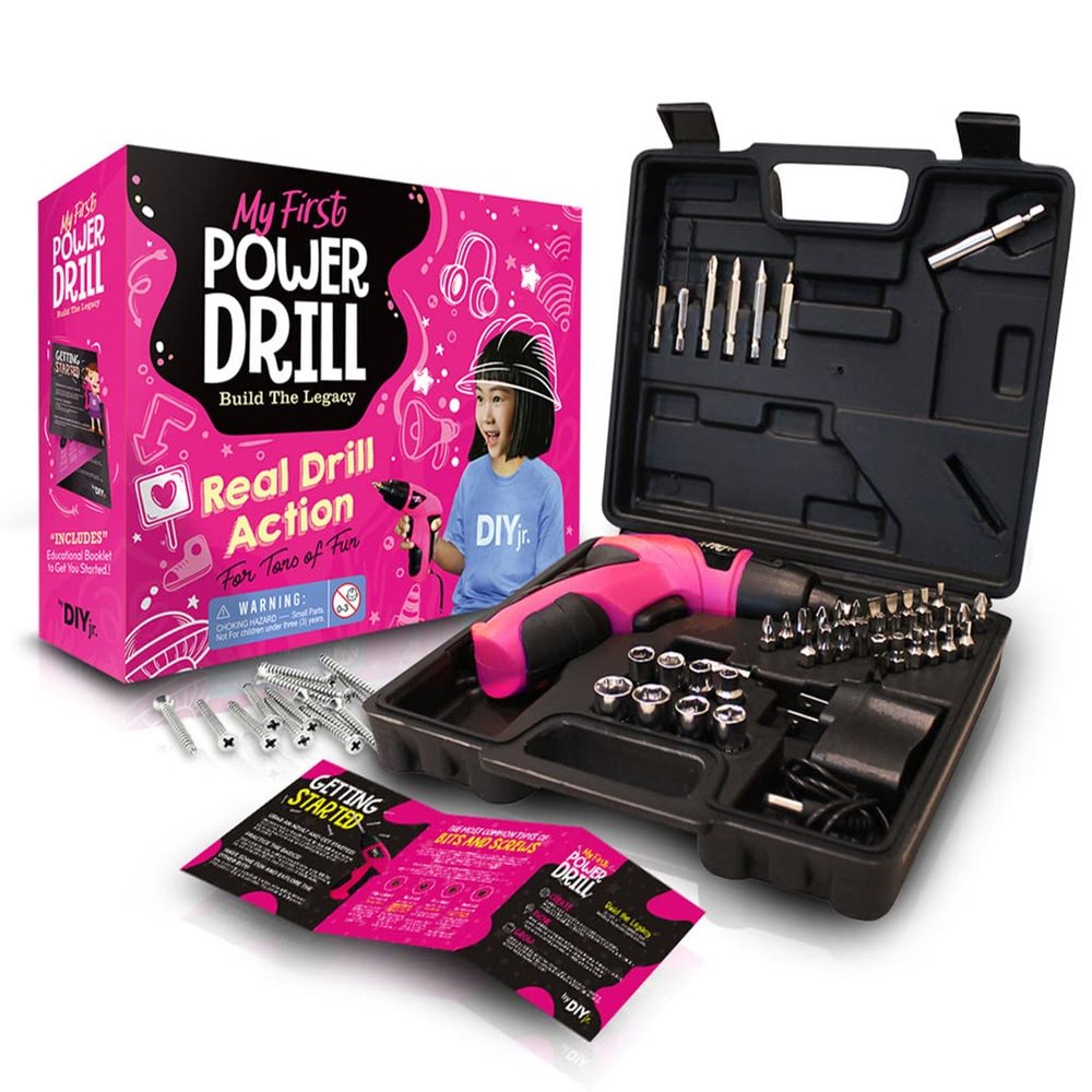 DIY jr. My First Power Drill - 60-Piece Working Tool Set for Girls - Rechargeable Cordless Pink Drill with LED Light - Learning, Building & Construction Kit for Kids - With Carrying Case, Charger