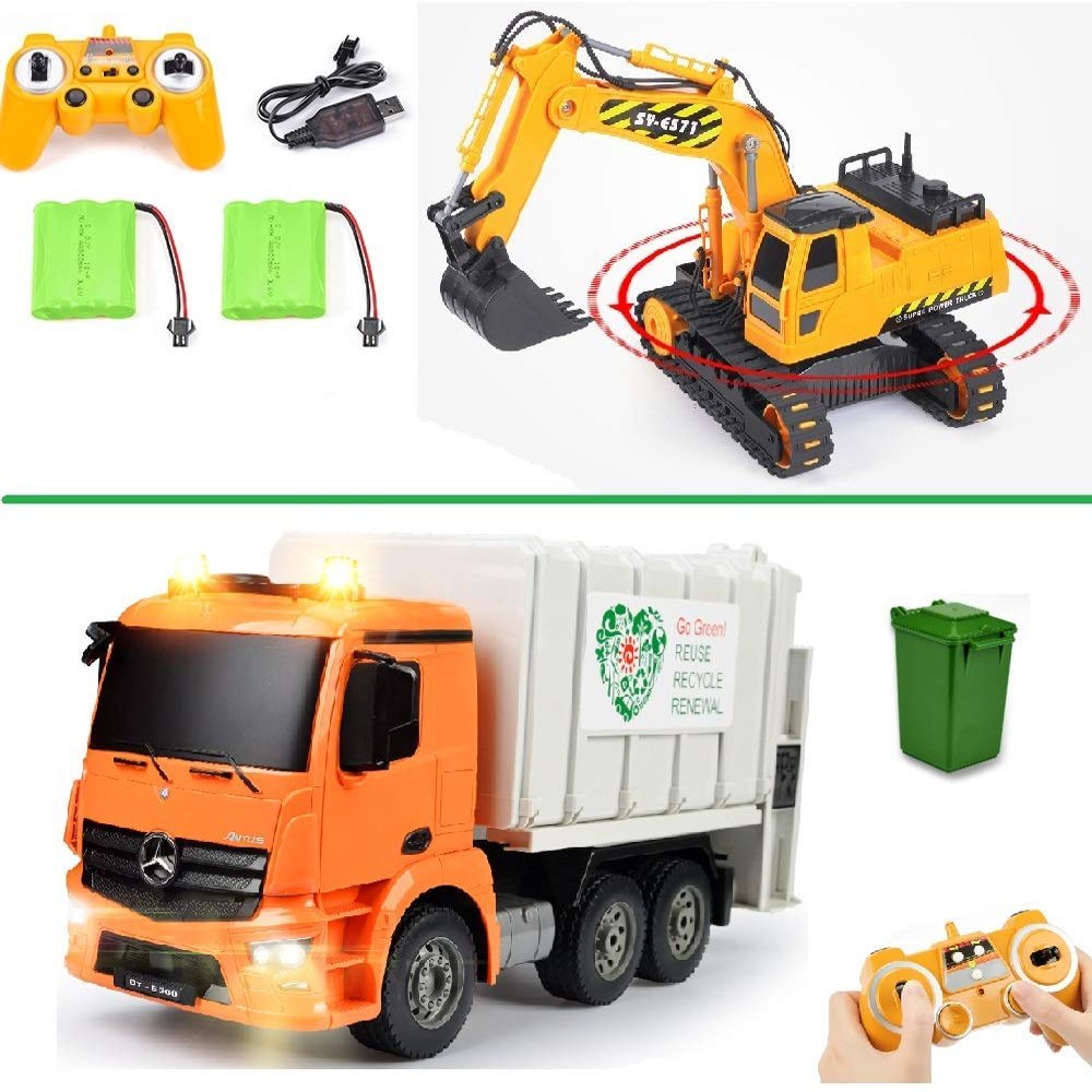 DOUBLE E Remote Control Excavator Toy + Garbage Truck Toy