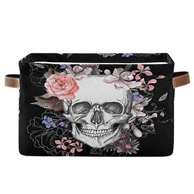 SEULIFE Floral Sugar Skull Flower Halloween Foldable Storage Basket, Large Collapsible Organizer Storage Bin Cube Toys Storage Boxes with Handles for Bathroom Kids Nursery Closet Storage, 1 Pack