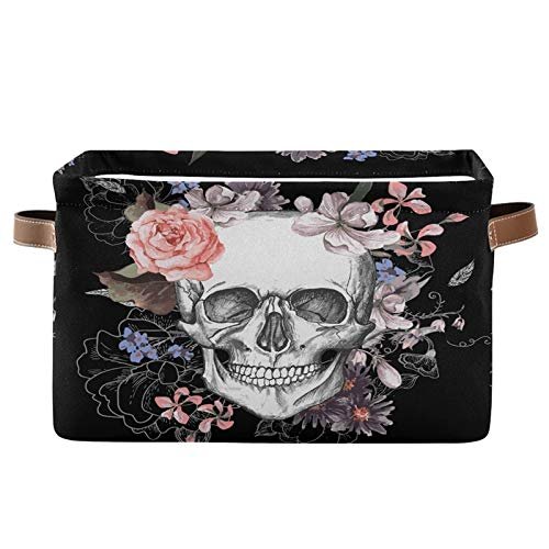 SEULIFE Floral Sugar Skull Flower Halloween Foldable Storage Basket, Large Collapsible Organizer Storage Bin Cube Toys Storage Boxes with Handles for Bathroom Kids Nursery Closet Storage, 1 Pack