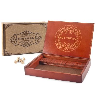 AMEROUS Shut The Box Dice GameWooden Board Table Math Game with Lid - 6 Dice - Gift Package - Rules, Classic Board Game for Kids Adults, Family