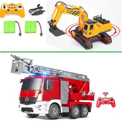 DOUBLE E Remote Control Excavator + RC Remote Control Fire Truck Toys