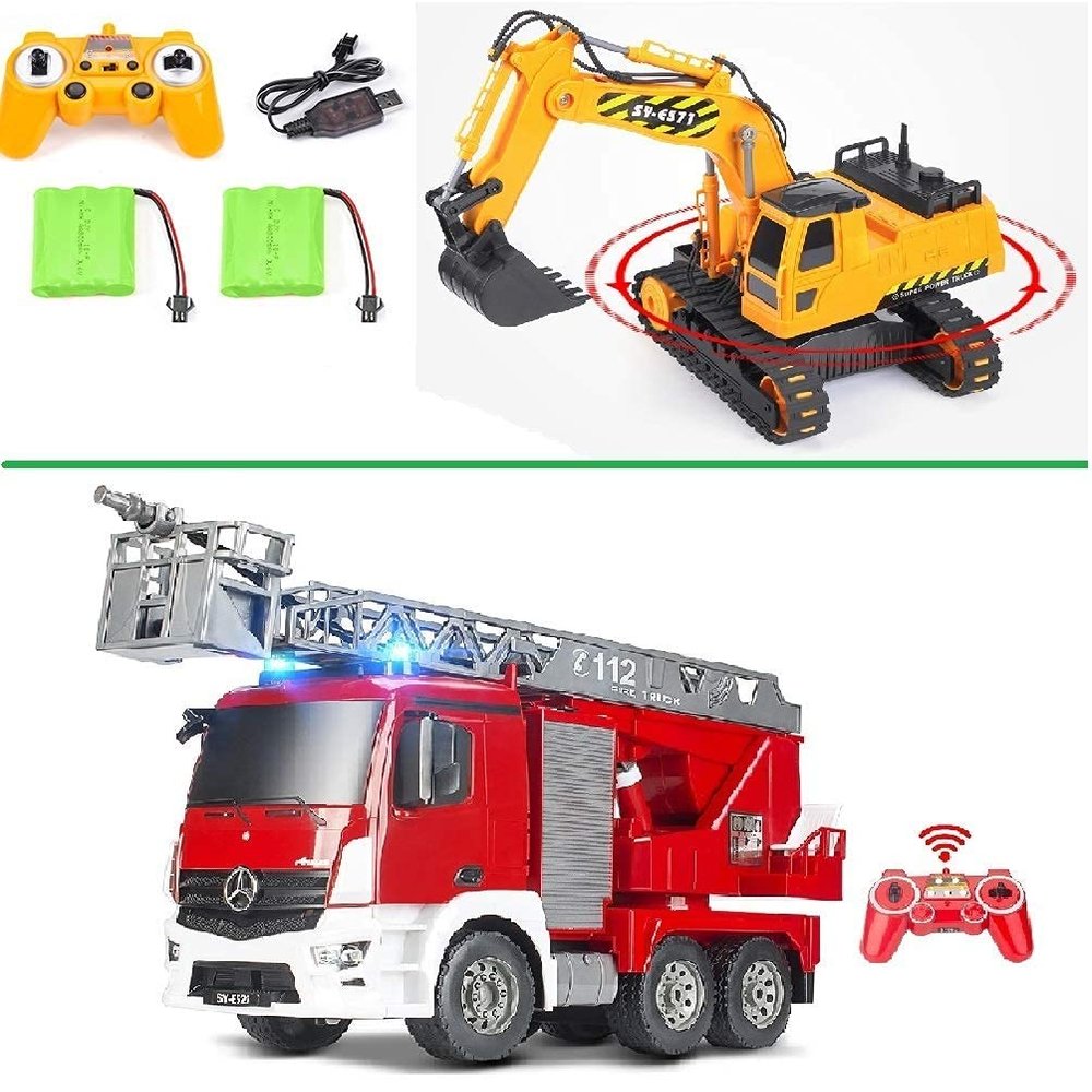 DOUBLE E Remote Control Excavator + RC Remote Control Fire Truck Toys