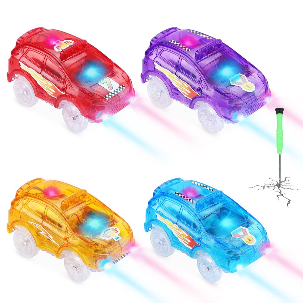Save Unicorn Tracks Cars Replacement only, Toy Cars for Tracks Glow in The Dark, Magic Car Accessories with 5 Flashing LED Lights, Compatible with Most Tracks for Boys Girls and Kids(4pack)