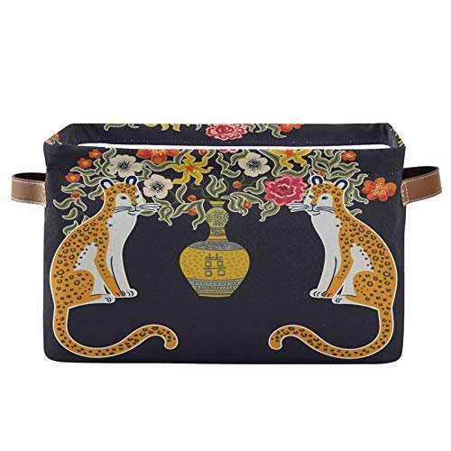 Chinese Tiger Chinoiserie Flower Foldable Storage Basket, Large Collapsible Organizer Storage Bin Cube Toys Storage Boxes with Handles for Bathroom Kids Nursery Closet Storage, 2 Pack