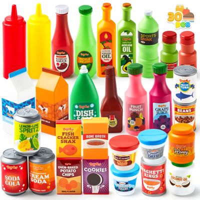 JOYIN 30Pcs Play Food Grocery Cans, Play Kitchen Accessories, Includes Drink, Juice, Jar, Seasoning, Water Bottle, Sauce, Yogurt, Ice Cream, Snack Box, Kids Gifts & Indoor Toys