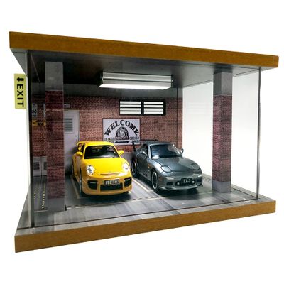 1/24 Scale Die-cast Car Garage Display Case with Clear Acrylic Cover and LED Lighting for 2 Parking Space (Route 66)