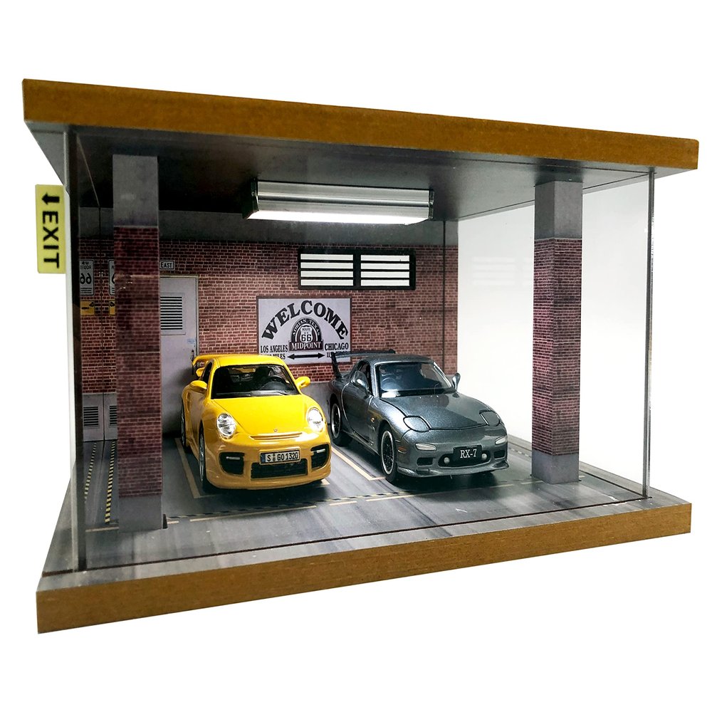 1/24 Scale Die-cast Car Garage Display Case with Clear Acrylic Cover and LED Lighting for 2 Parking Space (Route 66)