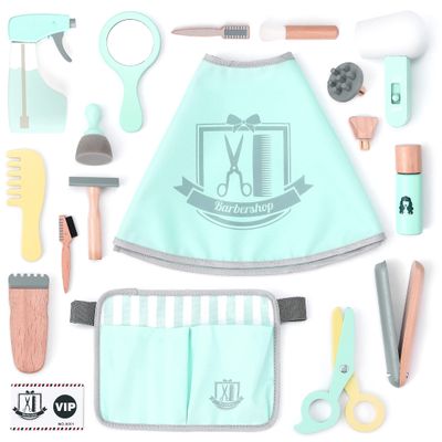 UMU Wooden Kids Hair Salon Playset, Makeup Toy Set, Hair Styling Toys for Girls, Kids Shaving Kit for Boys, Kids Barber Playset, Gifts for 3 4 5 Year Old Girls Boys (18 PCS)