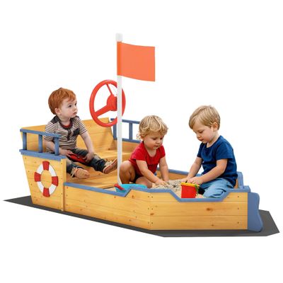 Outsunny Wooden Kids Sandbox, Ship-Shape Outdoor Sandboat with Bench Seats, Storage, Non-Woven Fabric Cloth for Backyard, Lawn, Natural Wood