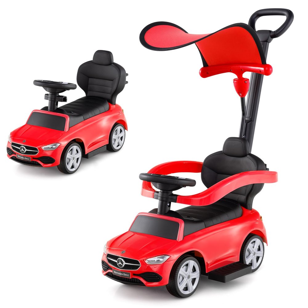 Costzon Push Car for Toddlers, 3 in 1 Mercedes Benz Stroller Sliding Walking Car w/Canopy, Handle, Safety Bar, Horn Sound, Underneath Storage, Foot-to-Floor Ride On Toy for Boys & Girls (Red)