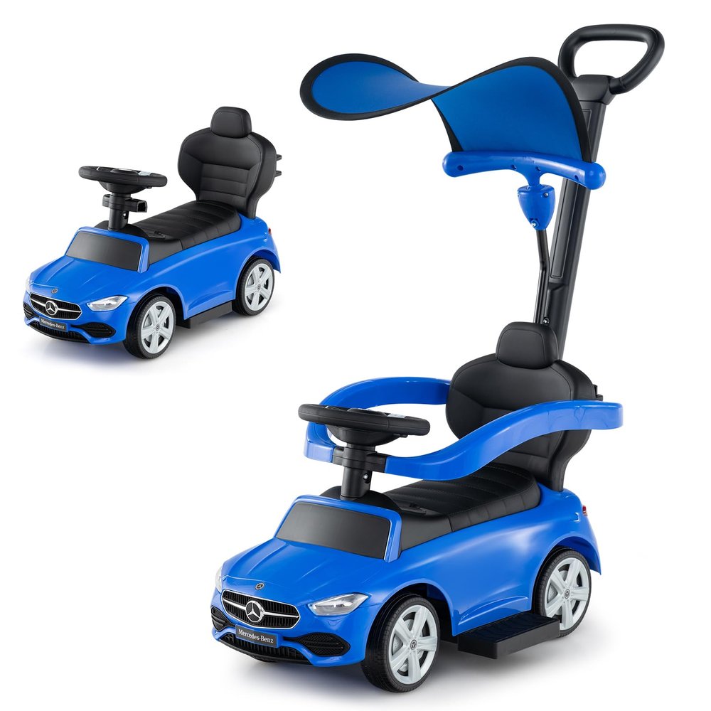 Costzon Push Car for Toddlers, 3 in 1 Mercedes Benz Stroller Sliding Walking Car w/Canopy, Handle, Safety Bar, Horn Sound, Underneath Storage, Foot-to-Floor Ride On Toy for Boys & Girls (Blue)