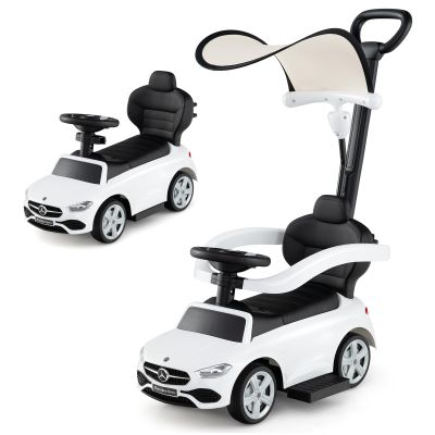 Costzon Push Car for Toddlers, 3 in 1 Mercedes Benz Stroller Sliding Walking Car w/Canopy, Handle, Safety Bar, Horn Sound, Underneath Storage, Foot-to-Floor Ride On Toy for Boys & Girls, White