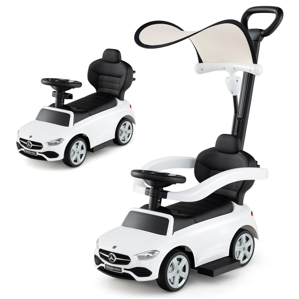 Costzon Push Car for Toddlers, 3 in 1 Mercedes Benz Stroller Sliding Walking Car w/Canopy, Handle, Safety Bar, Horn Sound, Underneath Storage, Foot-to-Floor Ride On Toy for Boys & Girls, White
