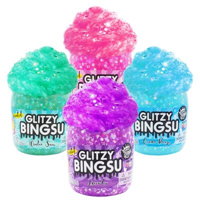 COMPOUND KINGS Fluffy Glitzy Bingsu Jar for Girls & Boys | Sensory Toys | Non-Sticky | Stress Relieving Tactile | (4-Pack, Pink, Blue, Purple & Green)