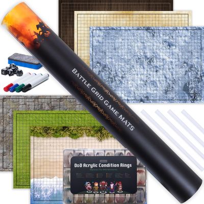 TIDYBOSS DND Ultimate 24" x 36" Game Set | 3X Double Sided 6 Terrains Battle Board | Includes Dry Erase Markers, Eraser, Clips, Dice and 96 Condition Rings | RPG Dungeons and Dragons Set