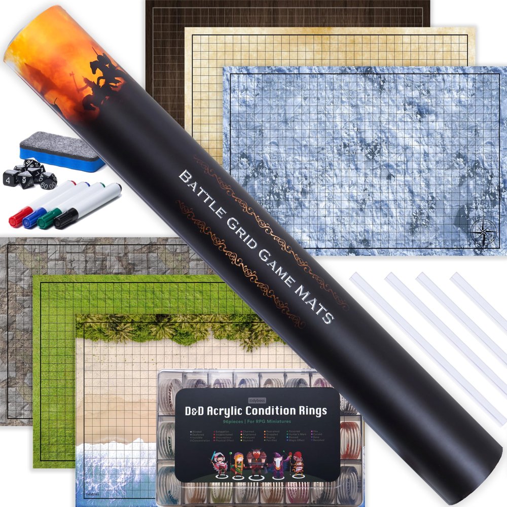 TIDYBOSS DND Ultimate 24" x 36" Game Set | 3X Double Sided 6 Terrains Battle Board | Includes Dry Erase Markers, Eraser, Clips, Dice and 96 Condition Rings | RPG Dungeons and Dragons Set