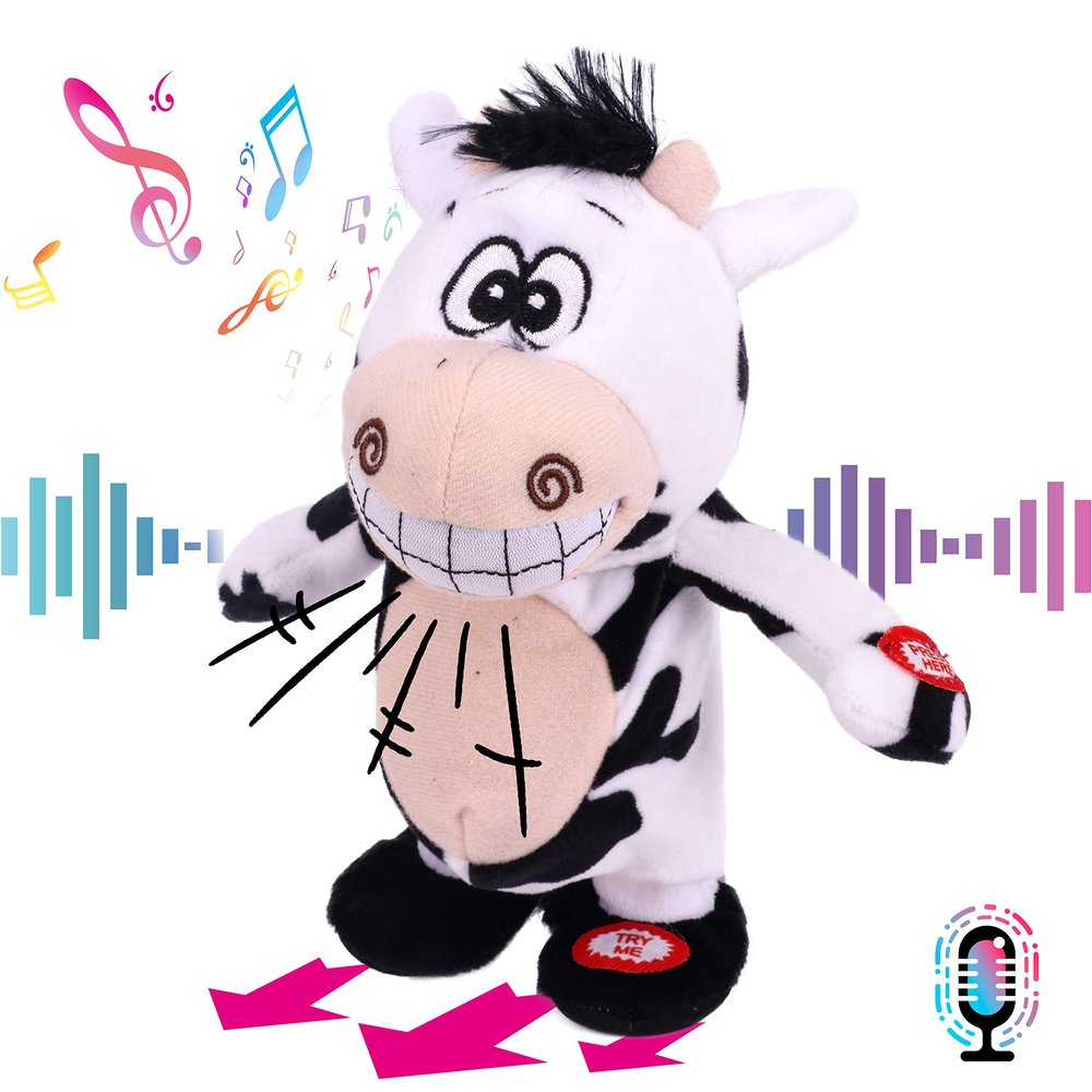 Hopearl Talking Singing Cow Repeats What You Say Walking Electric Interactive Animated Toy Speaking Plush Buddy Gifts for Toddlers, 8''