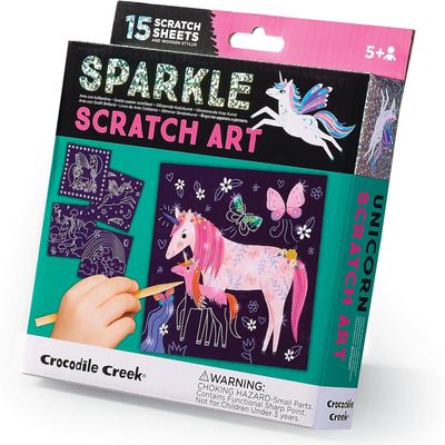 Crocodile Creek Unicorn Sparkle Scratch Art for Kids - 16-Sheet Scratch Art Set with 10 Themed Sheets, 5 Blank Sheets, Stencil, and Stylus - Thoughtful Stocking Stuffers, Gifts, Art Supplies for Kids