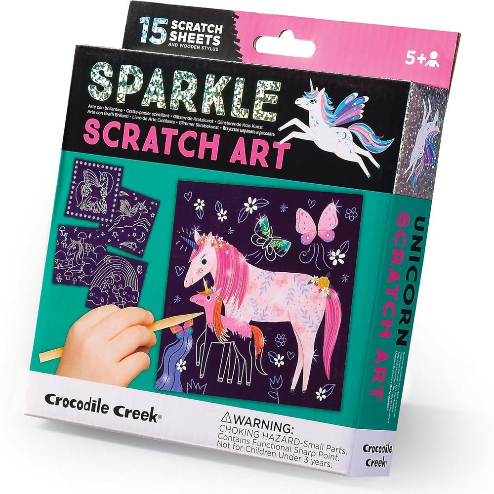 Crocodile Creek Unicorn Sparkle Scratch Art for Kids - 16-Sheet Scratch Art Set with 10 Themed Sheets, 5 Blank Sheets, Stencil, and Stylus - Thoughtful Stocking Stuffers, Gifts, Art Supplies for Kids