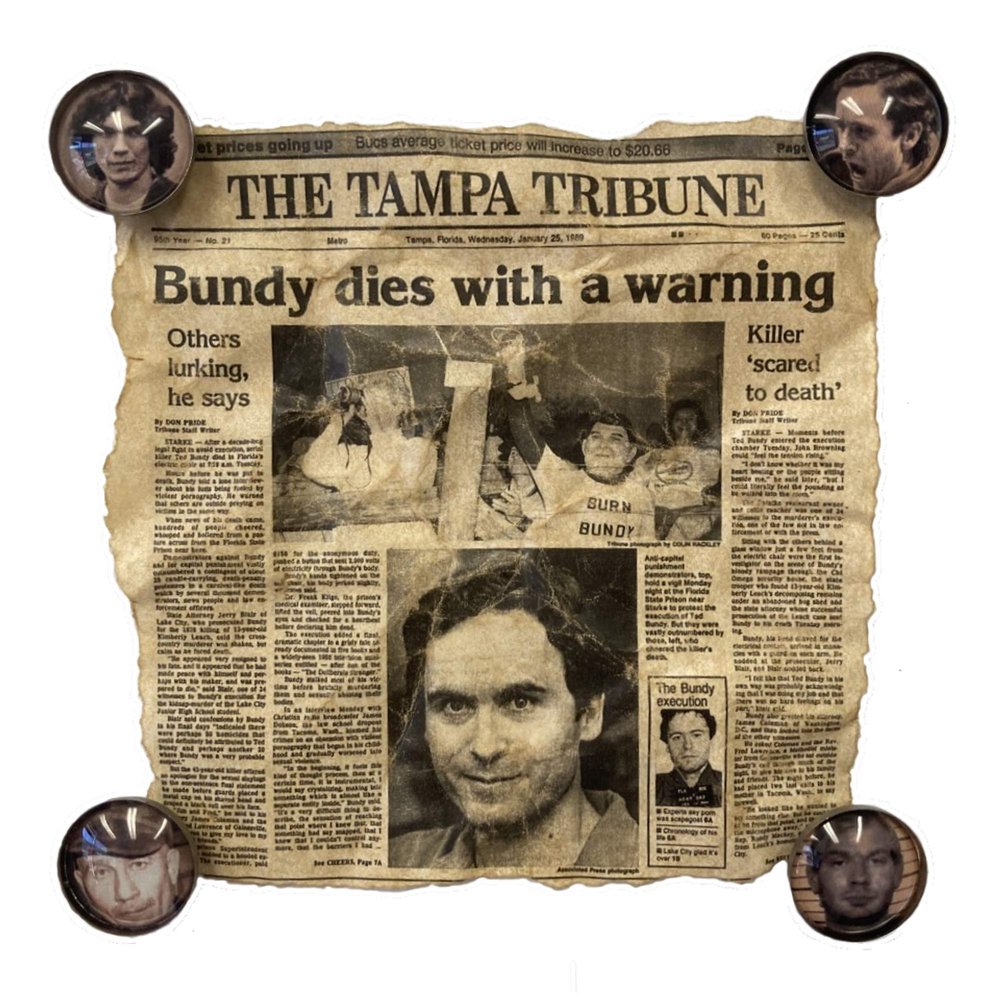 Asylum Zone Vintage Serial Killer Newspaper with Magnets Jeffrey Dahmer Ted Bundy Charles Manson John Wayne Gacy