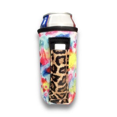 16oz Can Cooler Insulated - Lit Handlers Neoprene Fabric Beverage Cooler Sleeve with Handle & Pocket - Water Resistant Soda & Energy Drink Holder - Machine Washable Beer Can Covers(Tie Dye w/Leopard)