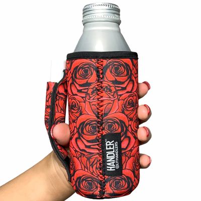 16oz Can Cooler Insulated - Lit Handlers Neoprene Fabric Beverage Cooler Sleeve with Handle & Pocket - Water Resistant Soda & Energy Drink Holder - Machine Washable Beer Can Covers for Party (Roses)