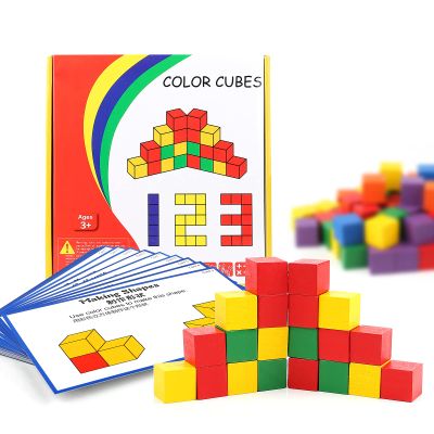 YHZAN Wooden Cube Building Blocks for Kids with Challenge Cards Shape Puzzle Math Material Assorted Colors for Preschool Classroom Supplies for Teachers Elementary Stem Toy