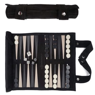 Sondergut Roll-up Portable Suede Backgammon Game Set - for Adults & Children - Ideal for RV Travel, Cruise, Airplane, Camping, Backpacking, Road Trips, Etc. Multiple Colors (Black)