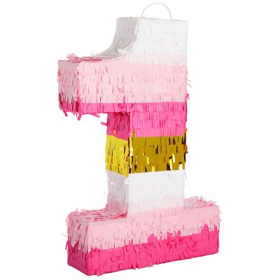 BLUE PANDA Number 1 Daisy Pinata - 16.5 x 11 x 3 In, Pink & Gold - Princess 1 Year Old Pinata for 1st Birthday Girl & Party Decoration