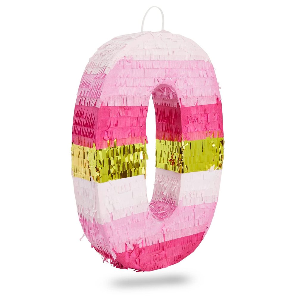 BLUE PANDA Number Zero Pinata - Gold & Pink for 10th Birthday Girl - Fillable Candy & Confetti for 10th Birthday Party - Corrugated Construction for Celebration - 16.5x11x3 in