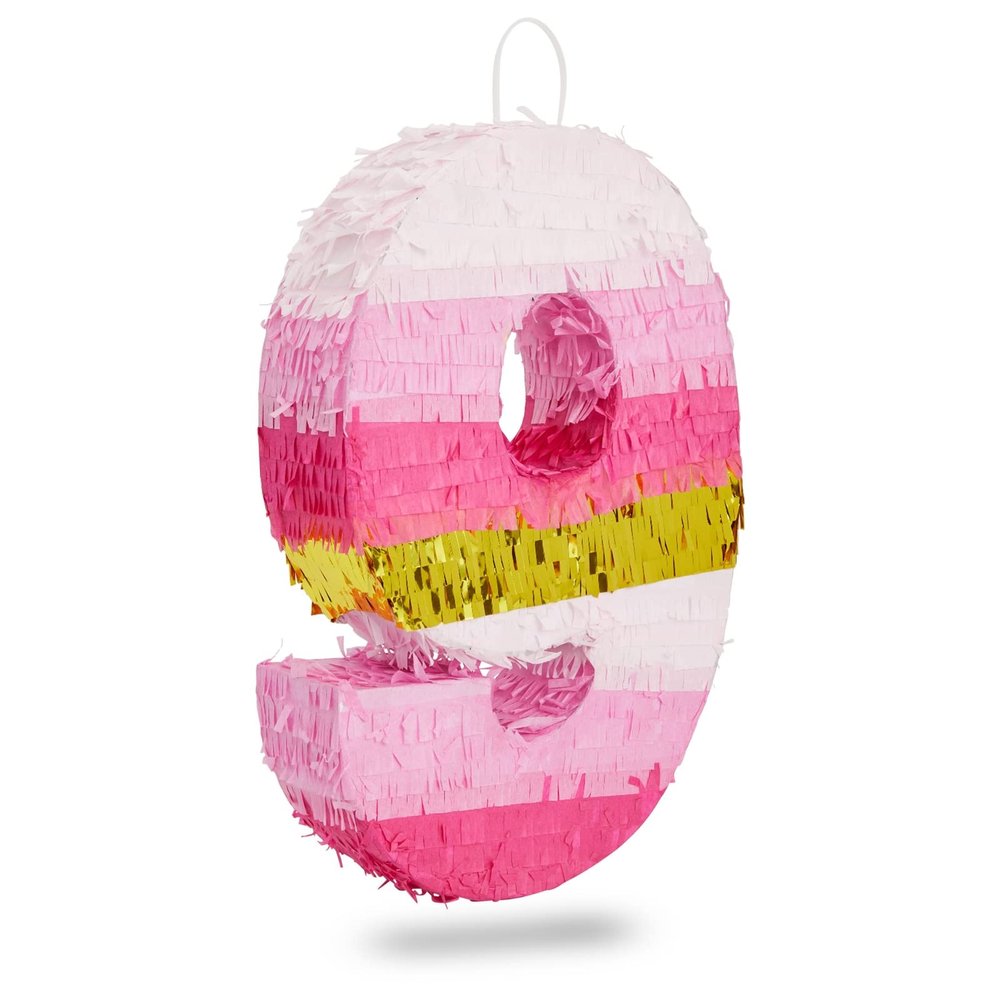 BLUE PANDA 9 Pinata - Small, 16.5 x 11 x 3 In, Pink & Gold - Pinata for 9 Year Old Girl, 9th Birthday Decoration - Pull-String Design