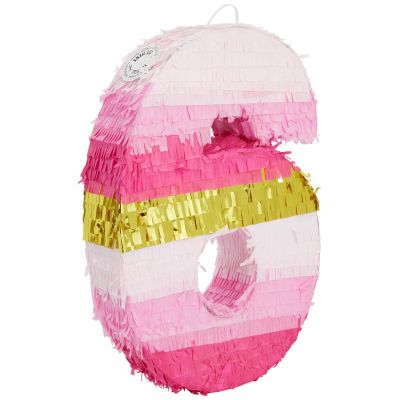 Number 6 Pinata, Pink and Gold Foil for Girls 6th Birthday Party Decorations (Small, 16.5 x 11 Inches)