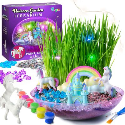 BRYTE Light Up Unicorn Terrarium Kit - Blue & Pink Round Plastic Dome, Ages 4-12 - Fairy Garden Kids Kit with Seeds & Terrarium Rock