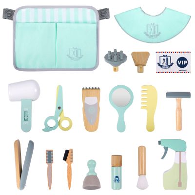 LOKUO Wooden Hair Stylist Toy, Barber Pretend Play Kit Hair Cutting Tool Toy Shaving and Grooming Playset for Kids Boys Girls with Hair Trimmers, Dryer, Razors and Styling Accessories