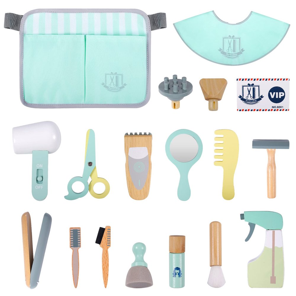 LOKUO Wooden Hair Stylist Toy, Barber Pretend Play Kit Hair Cutting Tool Toy Shaving and Grooming Playset for Kids Boys Girls with Hair Trimmers, Dryer, Razors and Styling Accessories