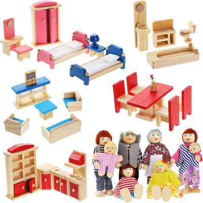 Sumind 35 Pcs Wooden Dollhouse Furniture Set with 8 Family Toys Family Set 27 Pcs Furniture Dollhouse Accessories for Boys Girls, Holiday Birthday Gift(Classic Style)