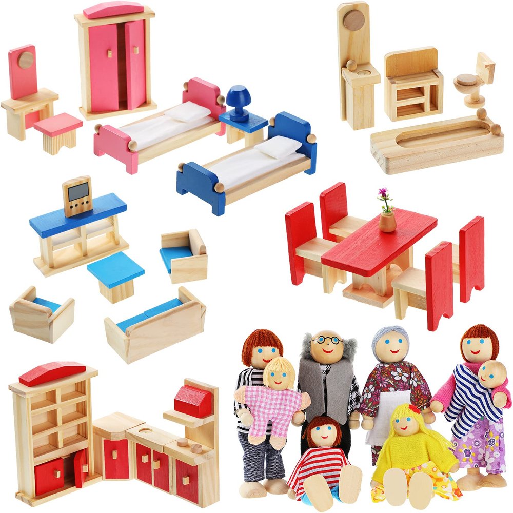 Sumind 35 Pcs Wooden Dollhouse Furniture Set with 8 Family Toys Family Set 27 Pcs Furniture Dollhouse Accessories for Boys Girls, Holiday Birthday Gift(Classic Style)