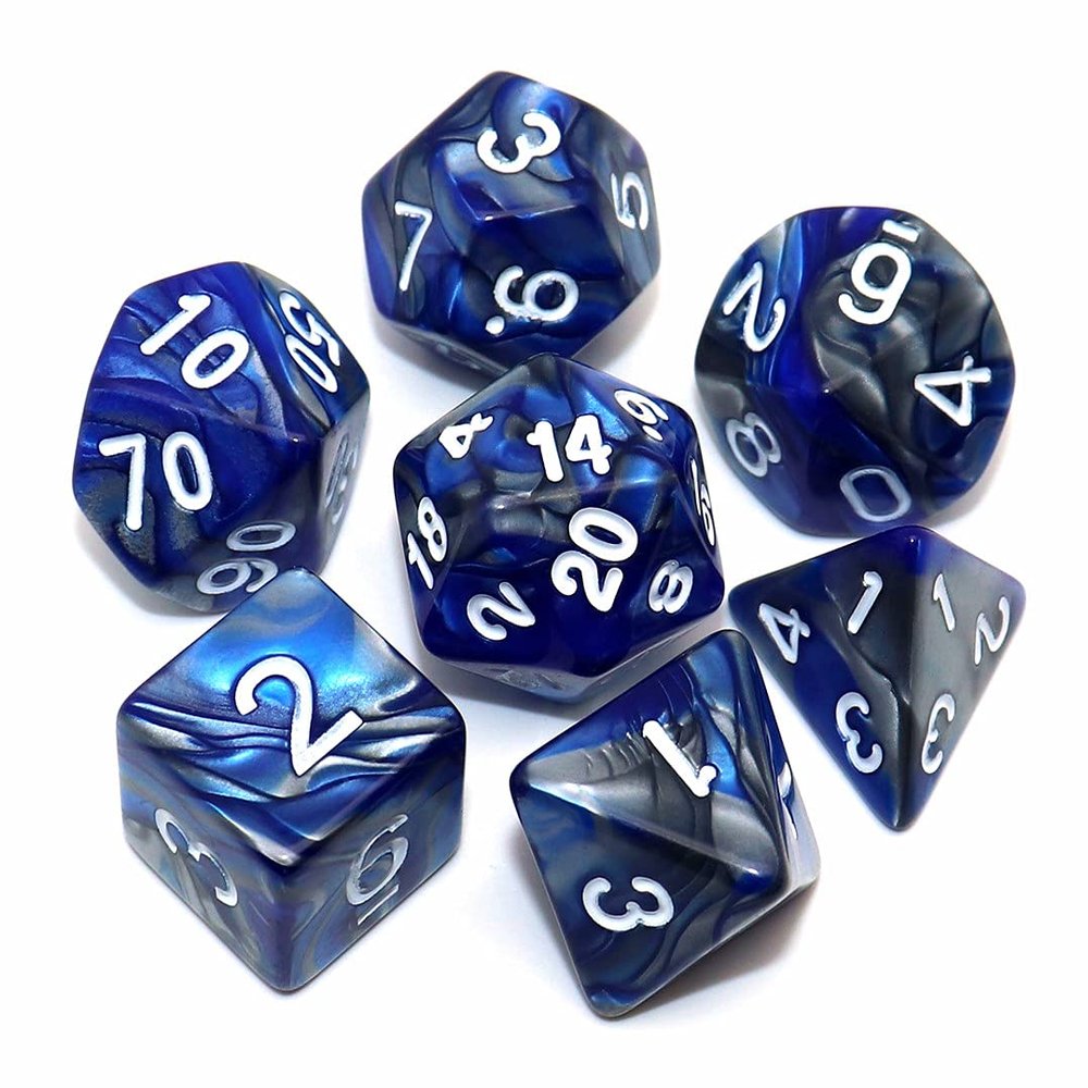 CREEBUY DND Dice Blue Mix Silver D&D Polyhedral Dice Set for Dungeon and Dragons MTG RPG Dice 7-Die Set D20 D12 D10 D% D8 D6 D4