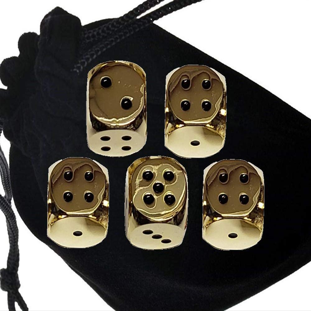 Cyber-Deals Set of (5) Solid Zinc Alloy Metal Polished Finish 16mm Dice, Rounded Corners with Black Velvet Cloth Pouch (Gold with Black Dots)