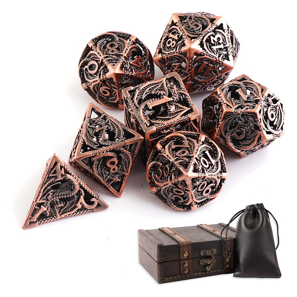 Hollow Metal DND Dice 7Pcs Set for Dungeons and Dragons RPG MTG Table Games D&D Pathfinder Shadowrun and Math Teaching,Large D4,D6,D8,D10,D12,D20 freaky multi sided Dice Set D and D Dice with Gift Box