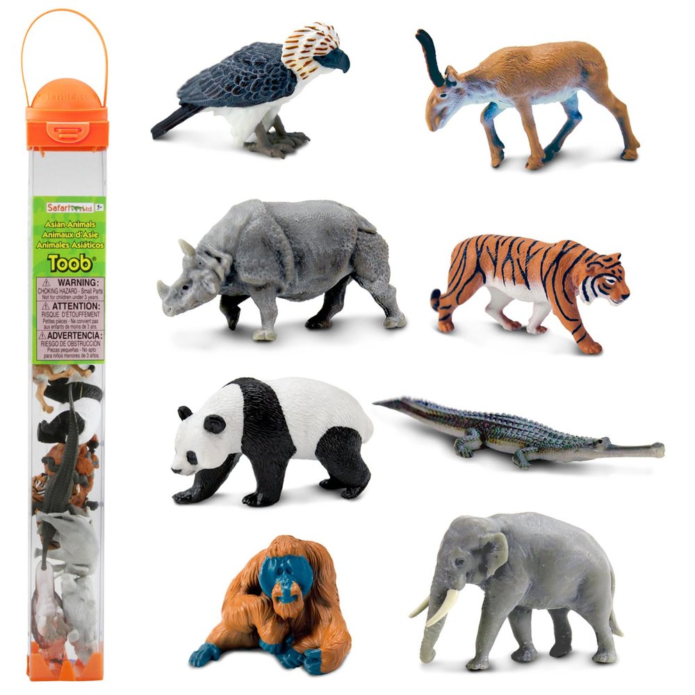 Safari Ltd. Asian Animals TOOB - Set of 8 Mini Figurines - Asian Elephant, Indian Rhino, Orangutan, Panda Bear, Tiger, Antelope, Philippine Eagle, and Gavial - Toys for Boys, Girls & Kids Ages 3+