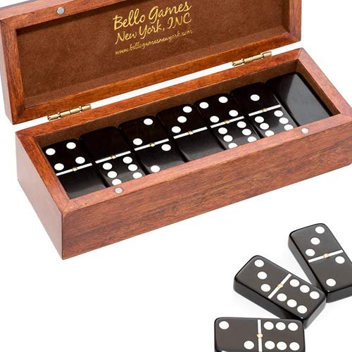 Bello Games New York, Inc. St. Nicholas Avenue Double Six Black Professional Jumbo Size Tournament Dominoes Set with Spinners in a Wooden Case