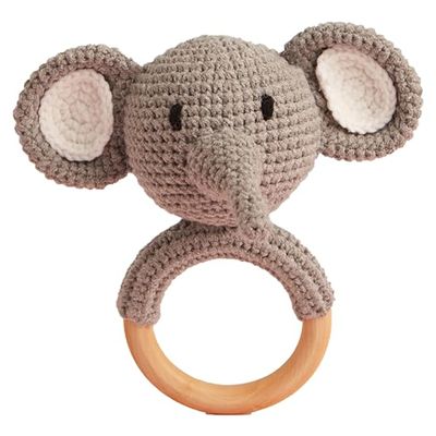 Chippi & Co Wooden Crochet Baby Rattle, Crochet Toys Stuffed Animals Easter Gifts for Kids, Wooden Newborn Toys, Easter Basket Stuffers, Basket Filler, Baby Shower Decor (Eddy The Elephant)