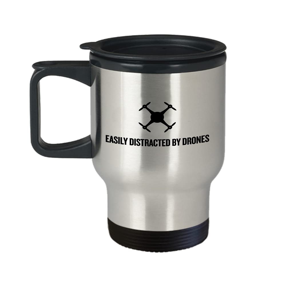 Funny Quadcopter Travel Mug - Drone Gifts - UAV Gift - Funny Drone Present - Easily Distracted By Drones
