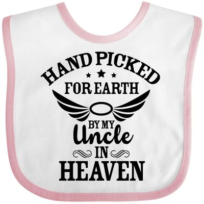 inktastic Handpicked for Earth By My Uncle in Heaven with Angel Wings Baby Bib White and Pink 372bd